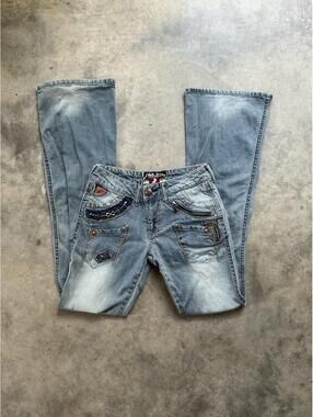 Y2K Lois Jeans Embellished Low Rise Bootcut Jeans | Studded Zip Pocket Denim